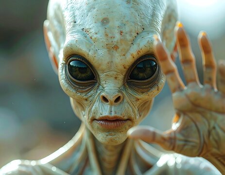 Close-up of a humanoid alien's face with large dark eyes and slender fingers reaching out. The skin shows texture and subtle coloration