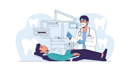 Fototapeta premium Dentist Examining Patient in Modern Dental Clinic with Teeth Illustrations