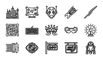 Obraz premium Futuristic Technology Icons, Sci-Fi Gadgets, AI Robot, Circuit Board, Cyberpunk Elements