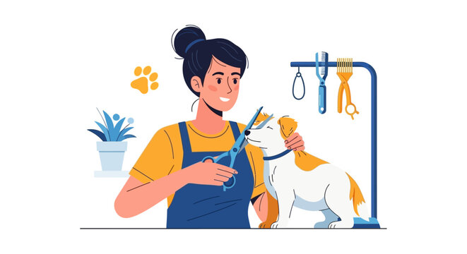 Woman grooming a small dog with scissors and comb.