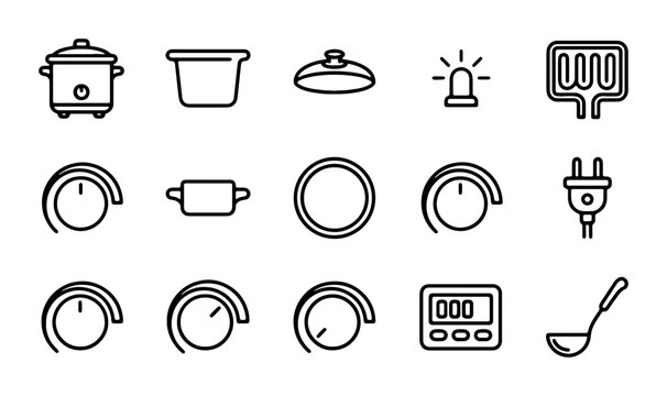 Kitchen Appliance Icons: Slow Cooker, Timer, Ladle, Plug, Knobs, 15 Vector Elements
