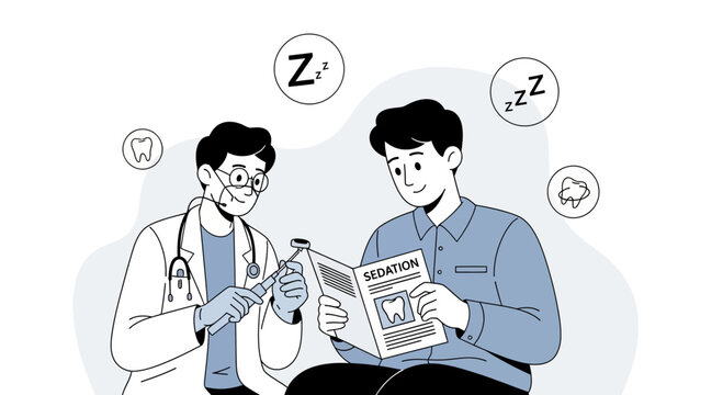 Dentist discussing sedation with patient, dental care, sleep zzz icons