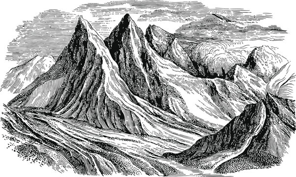 Landscape mountain range peak sketch isolated on transparent background vintage drawing art.