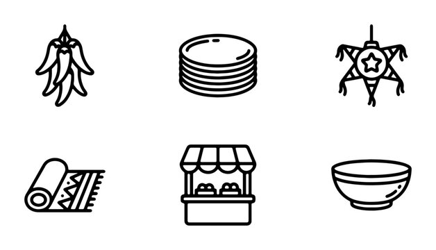 Fiesta Icons: Chili Peppers, Plates, Pinata, Rug, Stall, Bowl, Mexican Celebration Vector Set