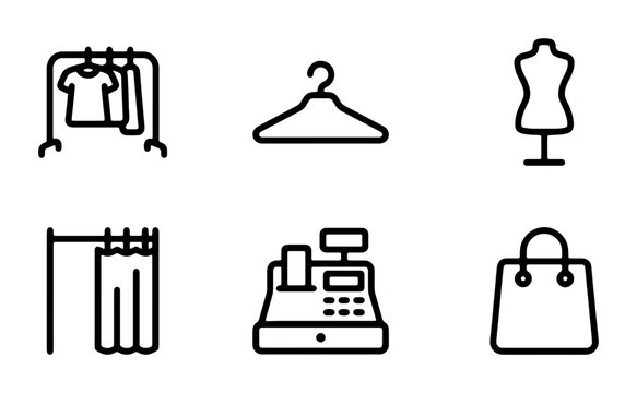 Retail Icons: Clothing Rack, Hanger, Mannequin, Changing Room, Cash Register, Shopping Bag