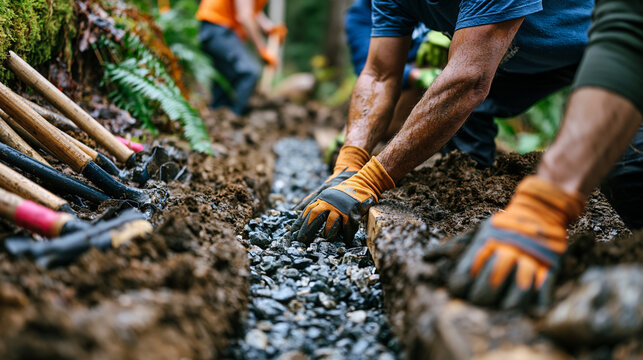 Trail maintenance volunteer team installing water bar drainage structure across muddy mountain path, hand tools stacked nearby, sweat-soaked work shirts and safety gloves visible as workers tamp com