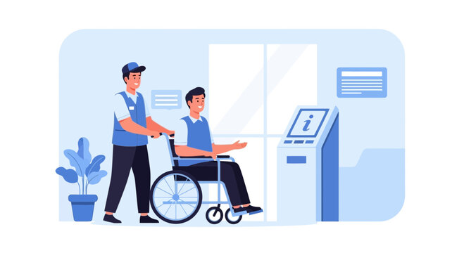 Attendant assisting person in wheelchair at information kiosk