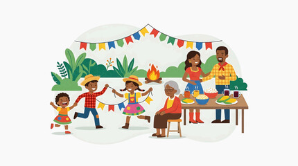 Naklejka premium A lively outdoor celebration depicts a multi-generational family enjoying a festive gathering. Children dance joyfully, adorned in colorful attire and straw hats.