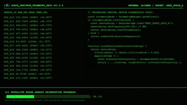Space Orbitron Telemetry Grid Terminal Displaying Orbital Sector Diagnostics Source Code Sensor Metrics And Satellite Radar Arrays Orientation Progress Green HUD Screen Background.