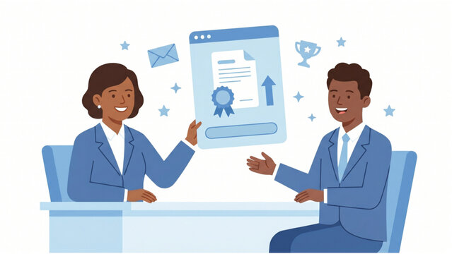 Corporate Employee Promotion and Performance Recognition with Diverse HR Manager Presenting Award Certificate
