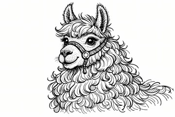 Obraz premium High quality sketch of a cute fluffy llama head with decorative bridle. Perfect for children bedroom prints, festive travel brochures, and animal greeting cards. Suitable for cute logos.