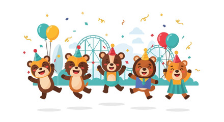 Naklejka premium Cute Happy Bears in Party Hats Playing Bouncy and Having Fun at Amusement Park Birthday