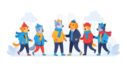 Fototapeta premium Cute Cartoon Dogs and Wolves in Winter Clothes Walking Together