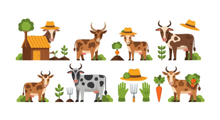 Fototapeta premium Cute Farm Animals Icons, Agriculture Illustration, Rural Life