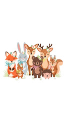 Naklejka premium Cute Forest Animals Illustration with floral decorations