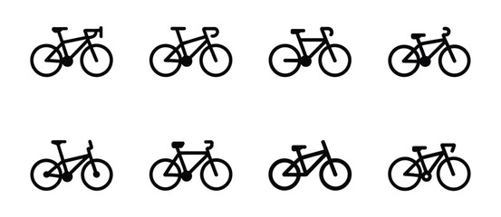 Fototapeta premium Bicycle outline icon set, side top and front views, transport design graphics, technical bike diagrams, manual and UI vector illustration isolated on transparent background.