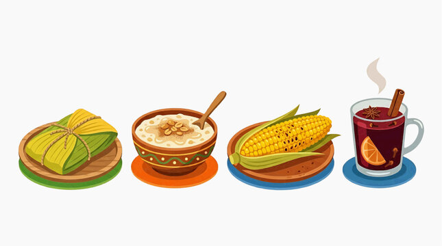 A festive arrangement of traditional cuisine, featuring a tamale wrapped in corn husk, a creamy corn pudding, grilled corn on the cob.