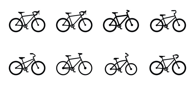Bicycle outline icon set, side top and front views, transport design graphics, technical bike diagrams, manual and UI vector illustration isolated on transparent background.