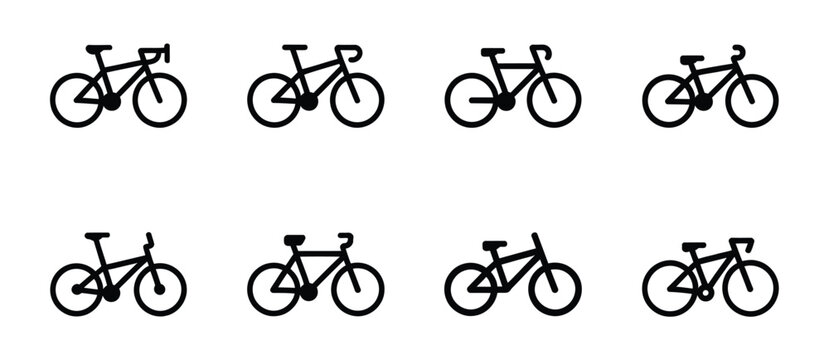 Bicycle outline icon set, side top and front views, transport design graphics, technical bike diagrams, manual and UI vector illustration isolated on transparent background.