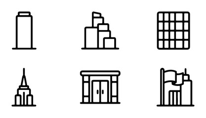 Naklejka premium Modern Cityscape Icons, Urban Architecture Symbols, Business District Buildings, Minimalist Skyline Elements