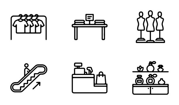 Retail Icons Set: Clothing Rack, Cash Register, Mannequins, Escalator, Perfume Display