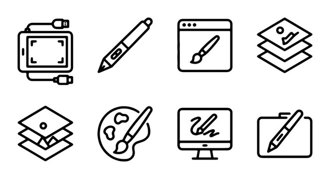 Graphic Design Icons: Digital Tablet, Stylus Pen, Software Interface, Layers, Palette, Monitor, Folder