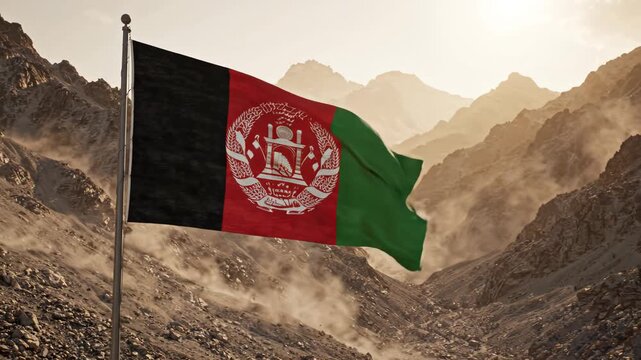 Afghan flag waving in mountainous terrain