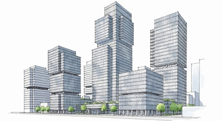 Obraz premium Architectural rendering of a modern urban complex with multiple high-rise buildings and green spaces.