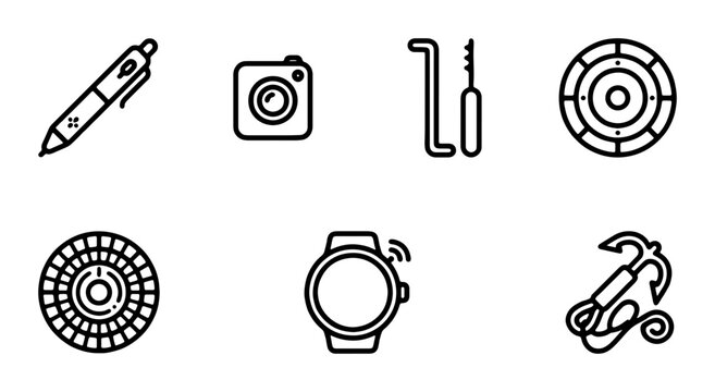 Modern Icon Set: Camera, Smartwatch, Lock Picks, Pen, Target, Anchor Graphics