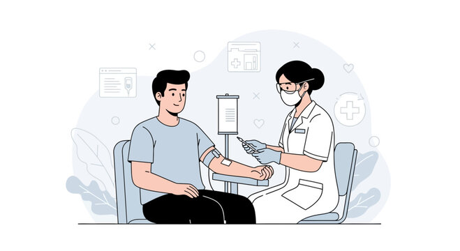 Nurse taking blood sample from patient, medical procedure, illustration