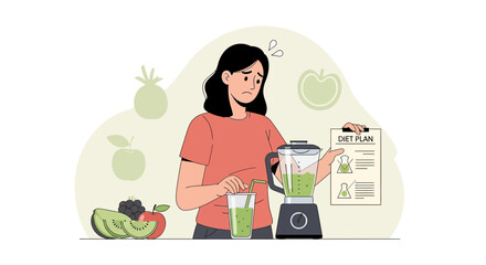Naklejka premium Woman making smoothie and checking diet plan with fruits by blender. Healthy eating, diet.