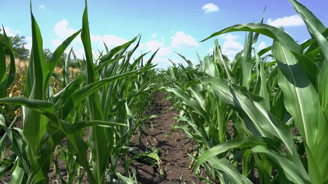 Slow Motion Between Green Corn Rows Swaying in Wind. This video conceptualizes agricultural fertility, crop cultivation, organic farming, and the beauty of nature. 