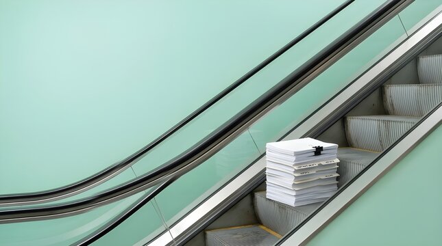 A substantial stack of white papers on an escalator, symbolizing the upward journey of administrative tasks, increasing workload, and continuous professional responsibilities