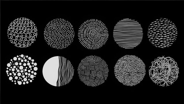 Set of Ten Hand-Drawn Abstract Circular Textures and Patterns on Black Background for Grap