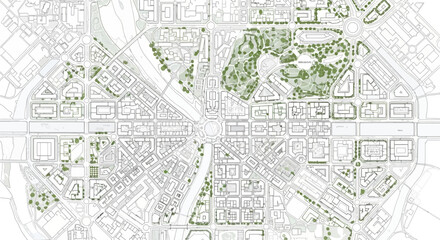 Naklejka premium A detailed architectural plan showcasing an urban layout with green spaces and street networks.
