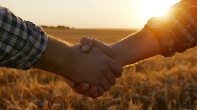 Two farmers shake hands in a golden wheat field during sunset. They demonstrate collaboration and commitment to farming. This moment captures their shared efforts and dedication