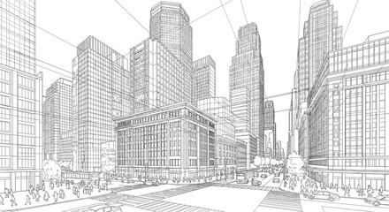 Fototapeta premium A detailed line drawing of a bustling city street with tall buildings and an active intersection.