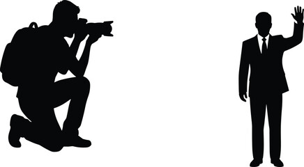 Kneeling Photographer with Camera Photographing Politician or Businessman Waving Silhouette Vector for Journalism, Press Events, News Media, and Interview Layouts © Rakib