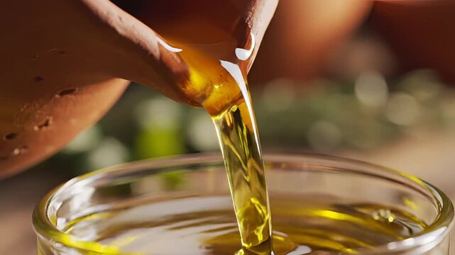 Golden Olive Oil Poured From Ceramic Jug Into Glass Bowl.