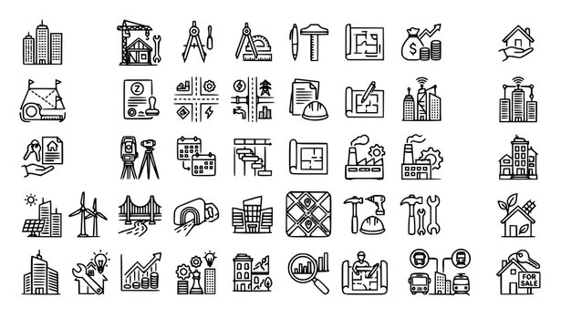 Creative real estate and property development monoline icon pack for architecture and construction business