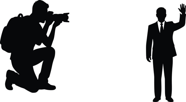 Kneeling Photographer with Camera Photographing Politician or Businessman Waving Silhouette Vector for Journalism, Press Events, News Media, and Interview Layouts