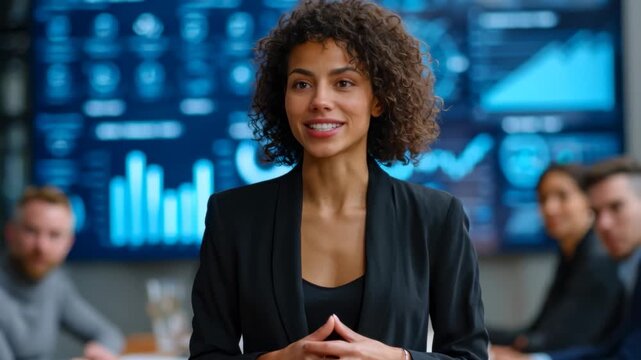 A confident businesswoman explains important data insights to a group of diverse team members in a meeting room. They discuss key trends and strategies for the company&rsquo;s growth