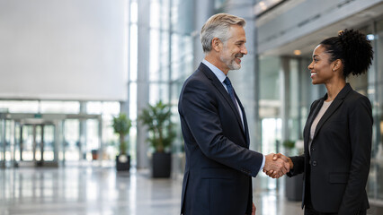 Fototapeta premium Professional Business Handshake Between Senior Executive and Young Female Manager in Modern Corporate Lobby