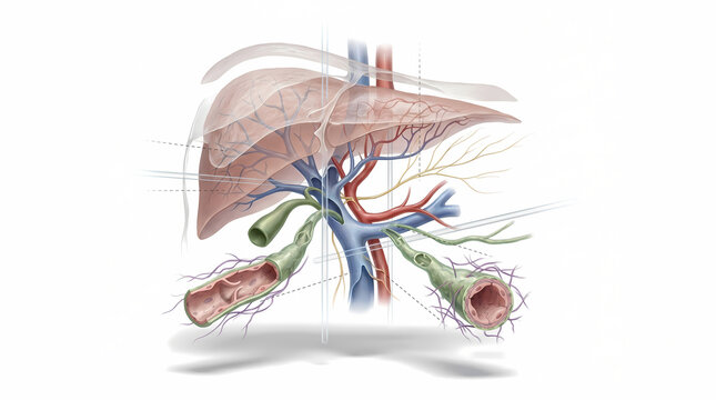 Anatomical Illustration of the Human Liver with Blood Vessels and Bile Ducts