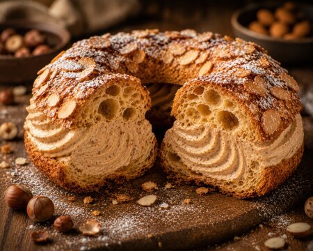 Paris Brest Pastry Cross Section With Hazelnut Praline Cream and Almond Crust in Warm Bakery Scene