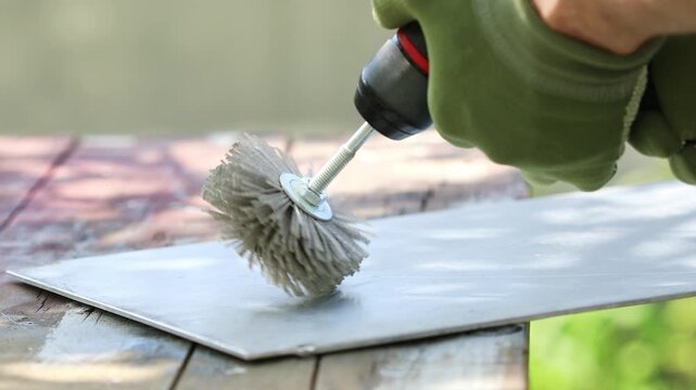 Worker hands in gloves holding drill tool with rotating abrasive steel brush, polish and clean rust on metal outdoor.