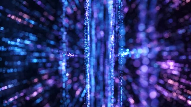 Glowing Digital Particles Streaming Vertically in Cyber Space, Shallow Depth of Field Abstract Background