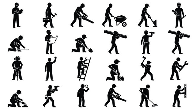Detailed black vector illustration set of construction workers performing various manual labor tasks and duties