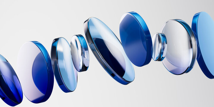3D floating disc sequence with blue glass reflections