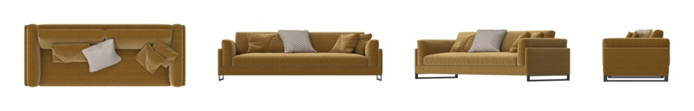 Modern mustard yellow velvet sofa with decorative pillows and black metal legs